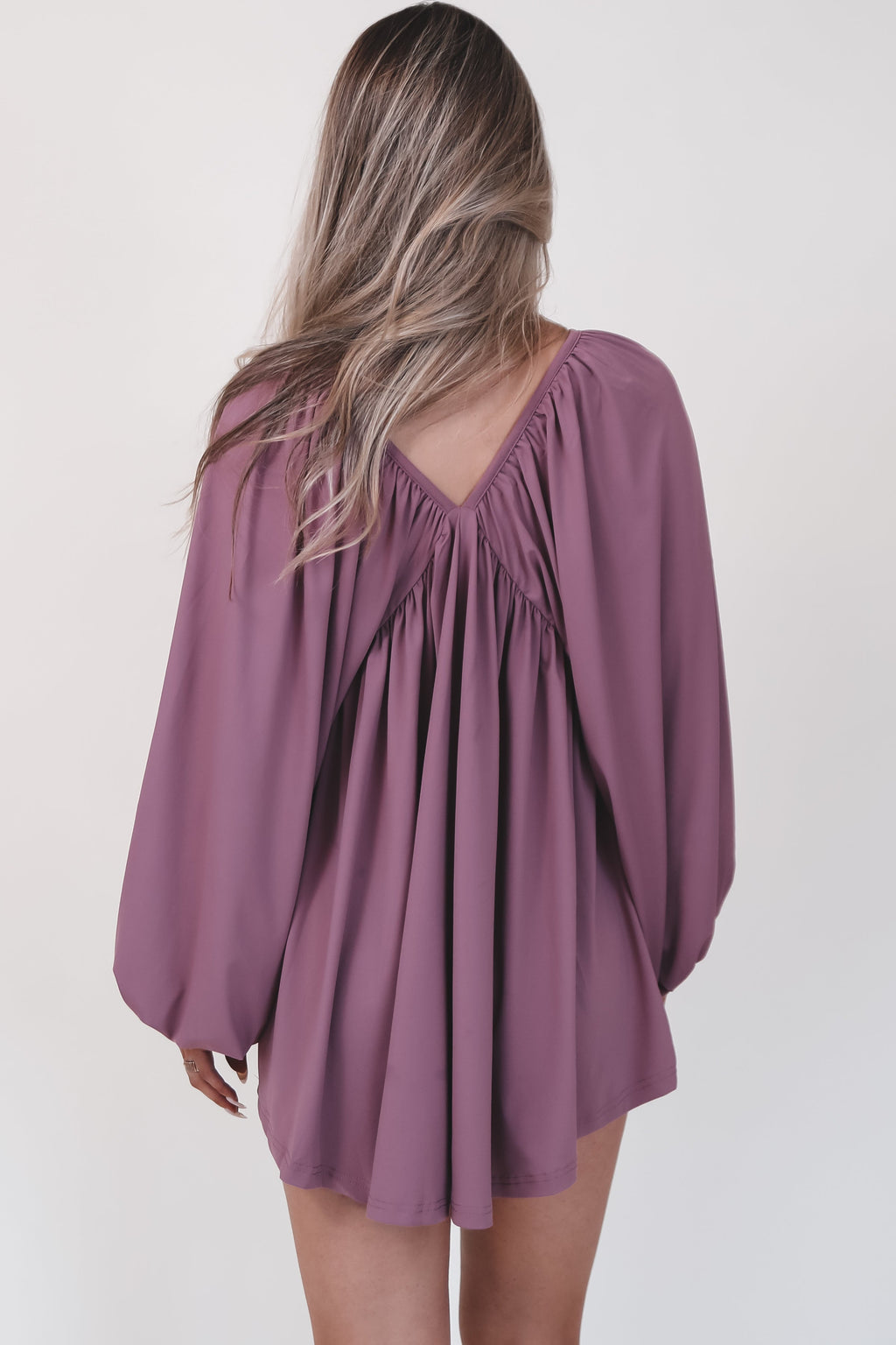 Something Extra Puff Sleeve Mauve V Plunge Dress