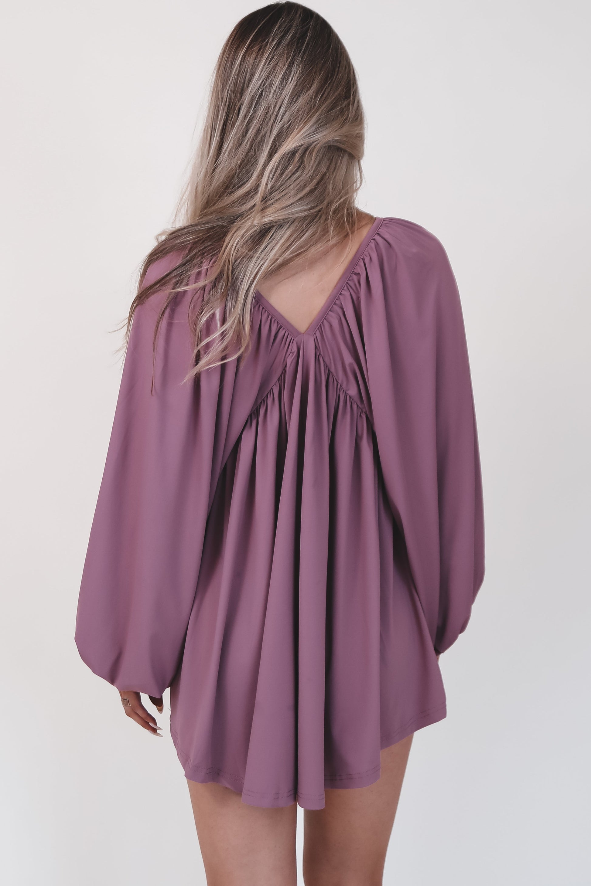 Something Extra Puff Sleeve Mauve V Plunge Dress