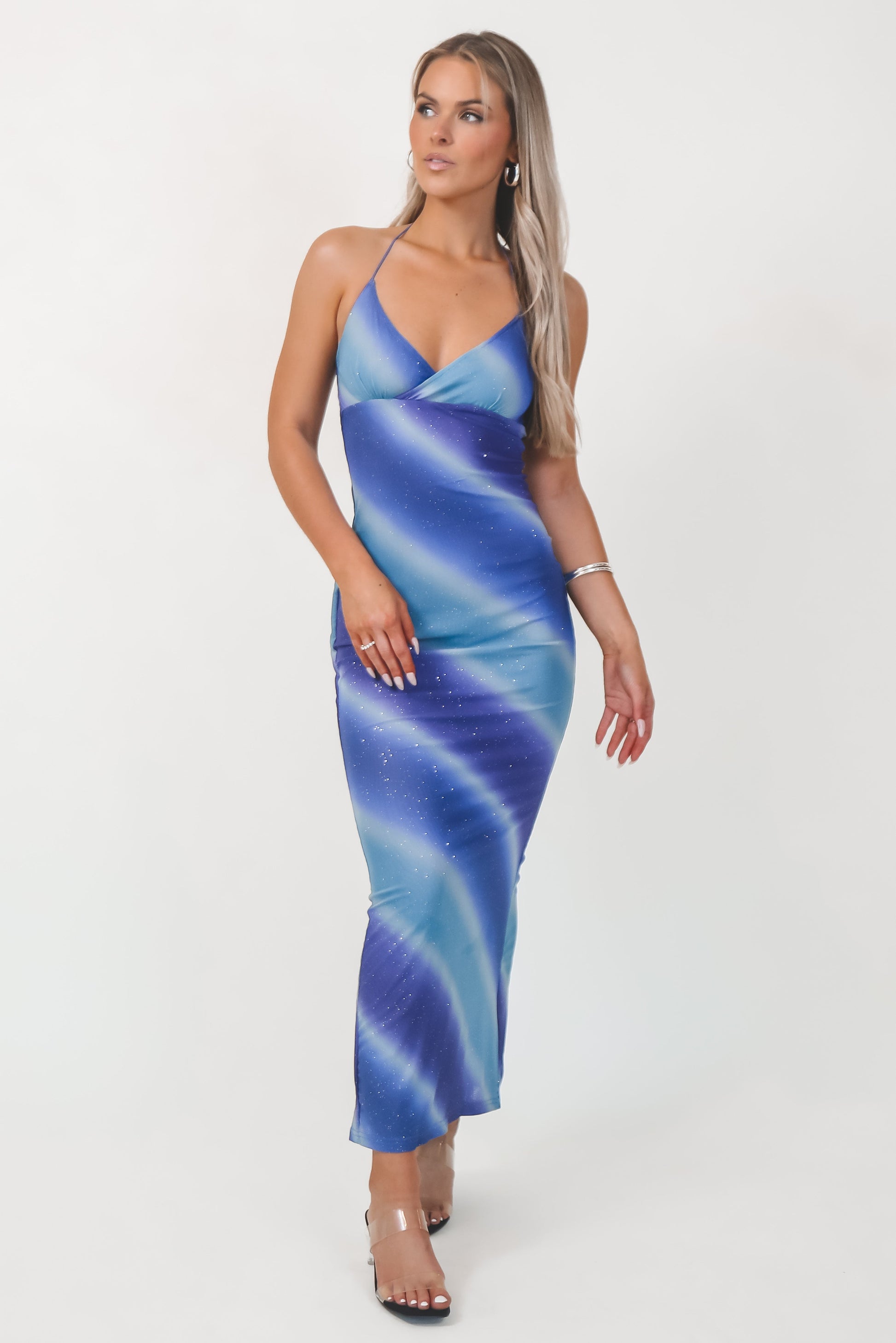 Lost Those Ocean Blues Sparkly Mesh Ombré Maxi Halter Dress