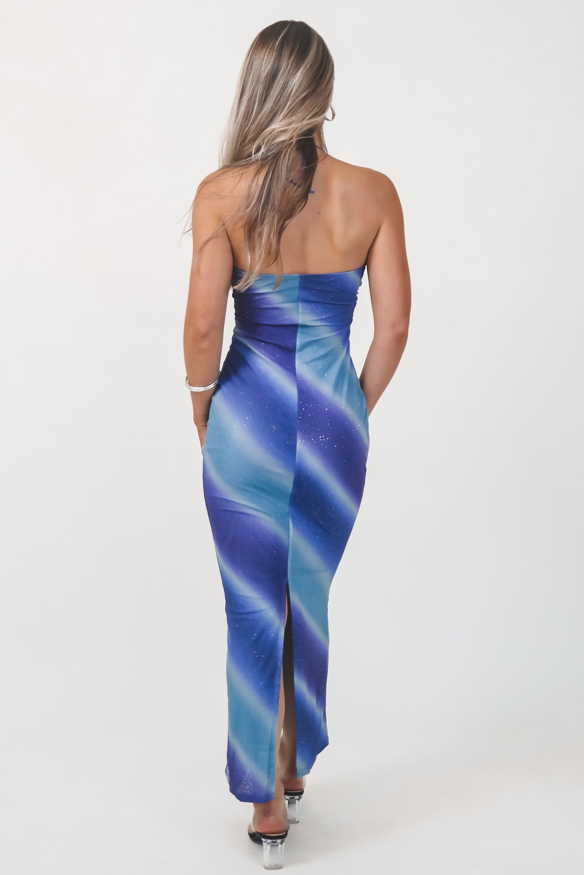 Lost Those Ocean Blues Sparkly Mesh Ombré Maxi Halter Dress