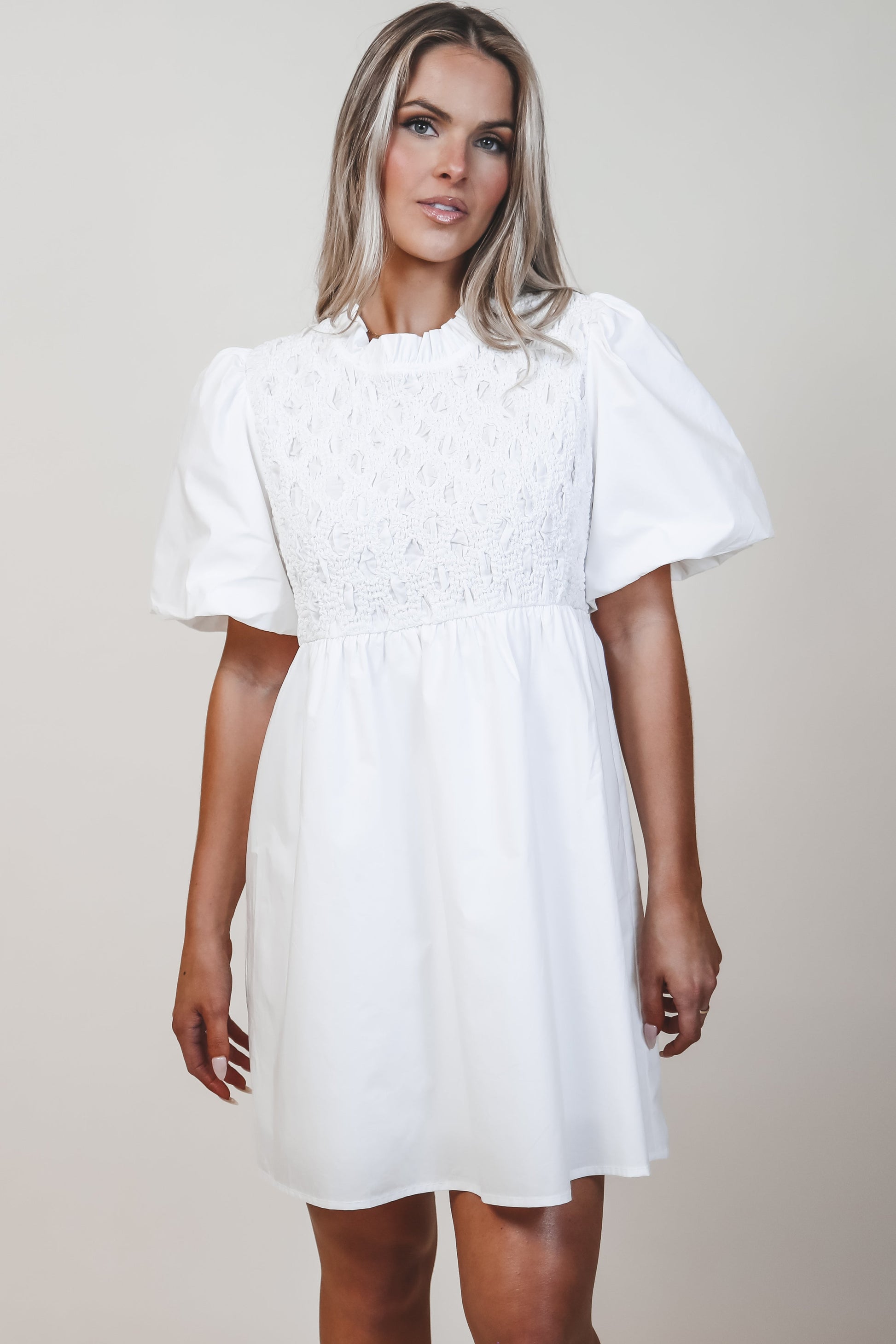 Yes Please White Smocked Mini Dress