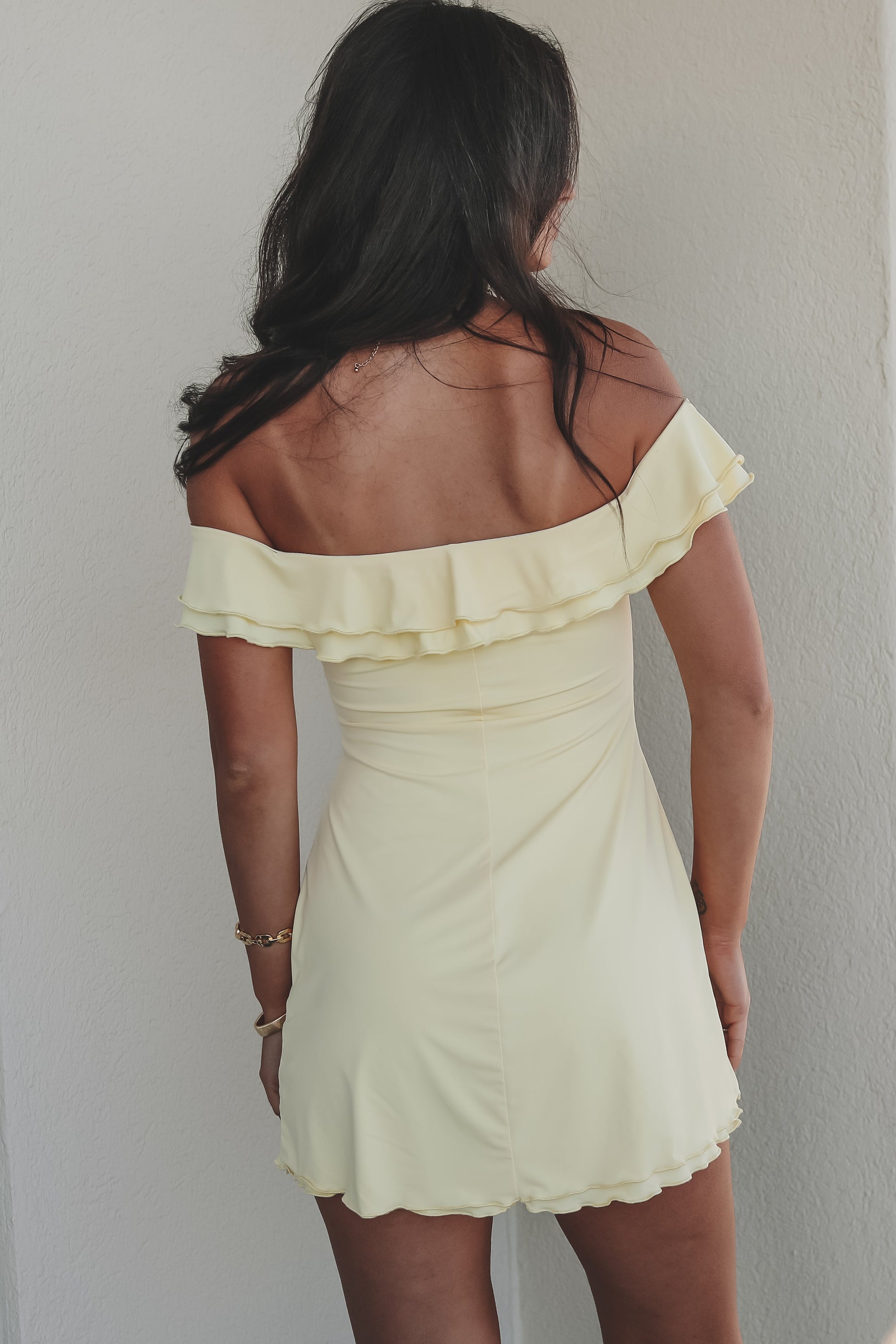 So On Trend Light Yellow Off The Shoulder Ruffle Dress
