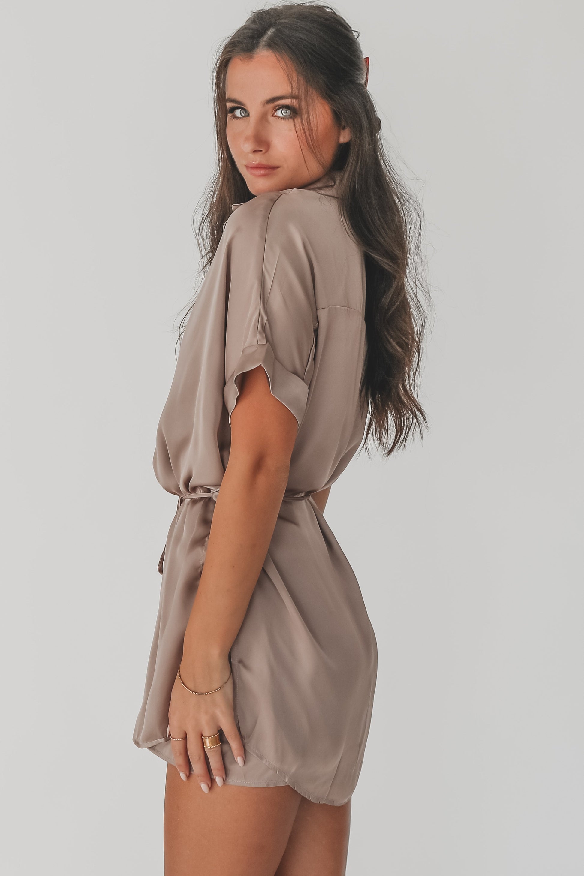 The Beverly Satin Short Sleeve Romper Dress