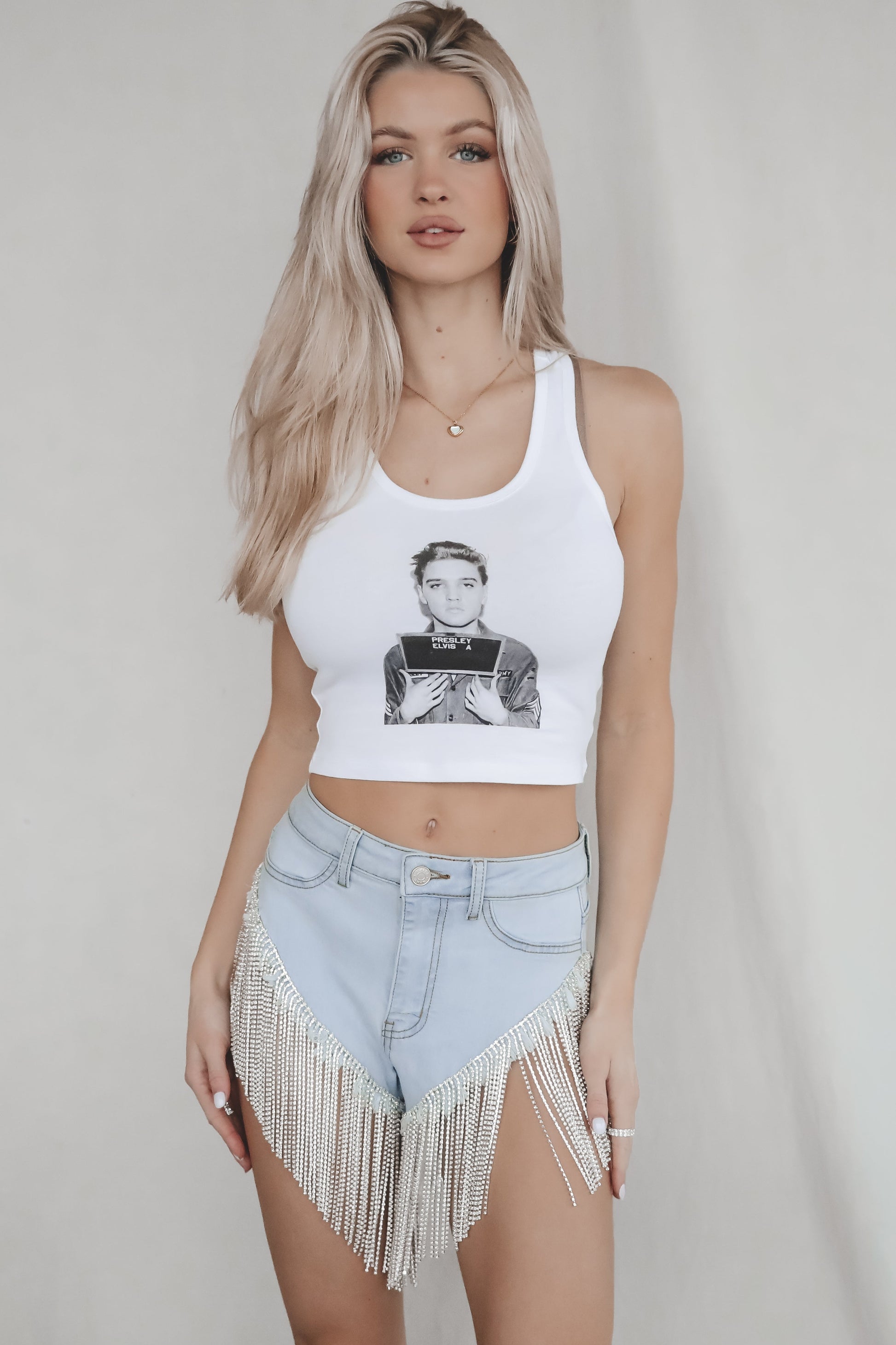 Elvis Mugshot Graphic Army Cropped Tank