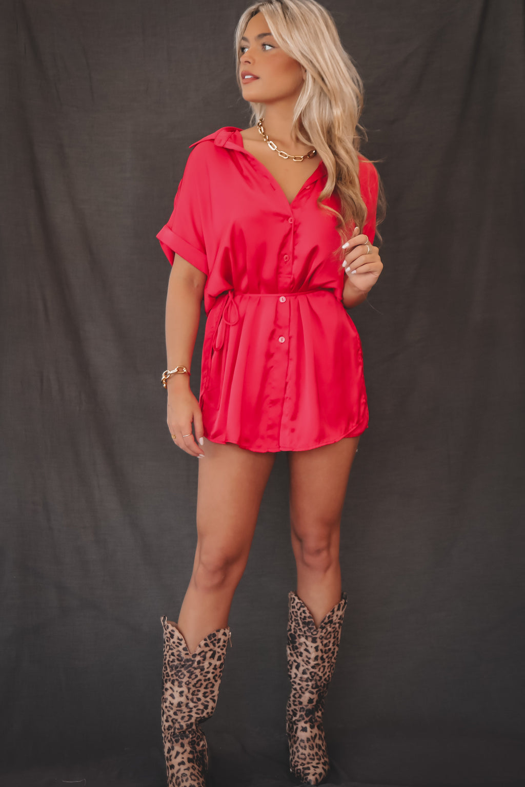 The Beverly Satin Short Sleeve Romper Dress