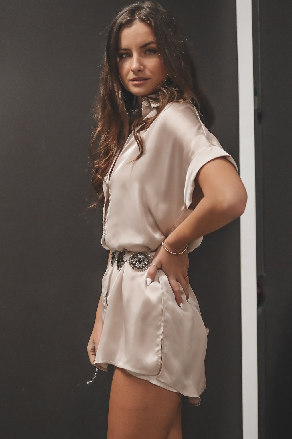 The Beverly Satin Short Sleeve Romper Dress