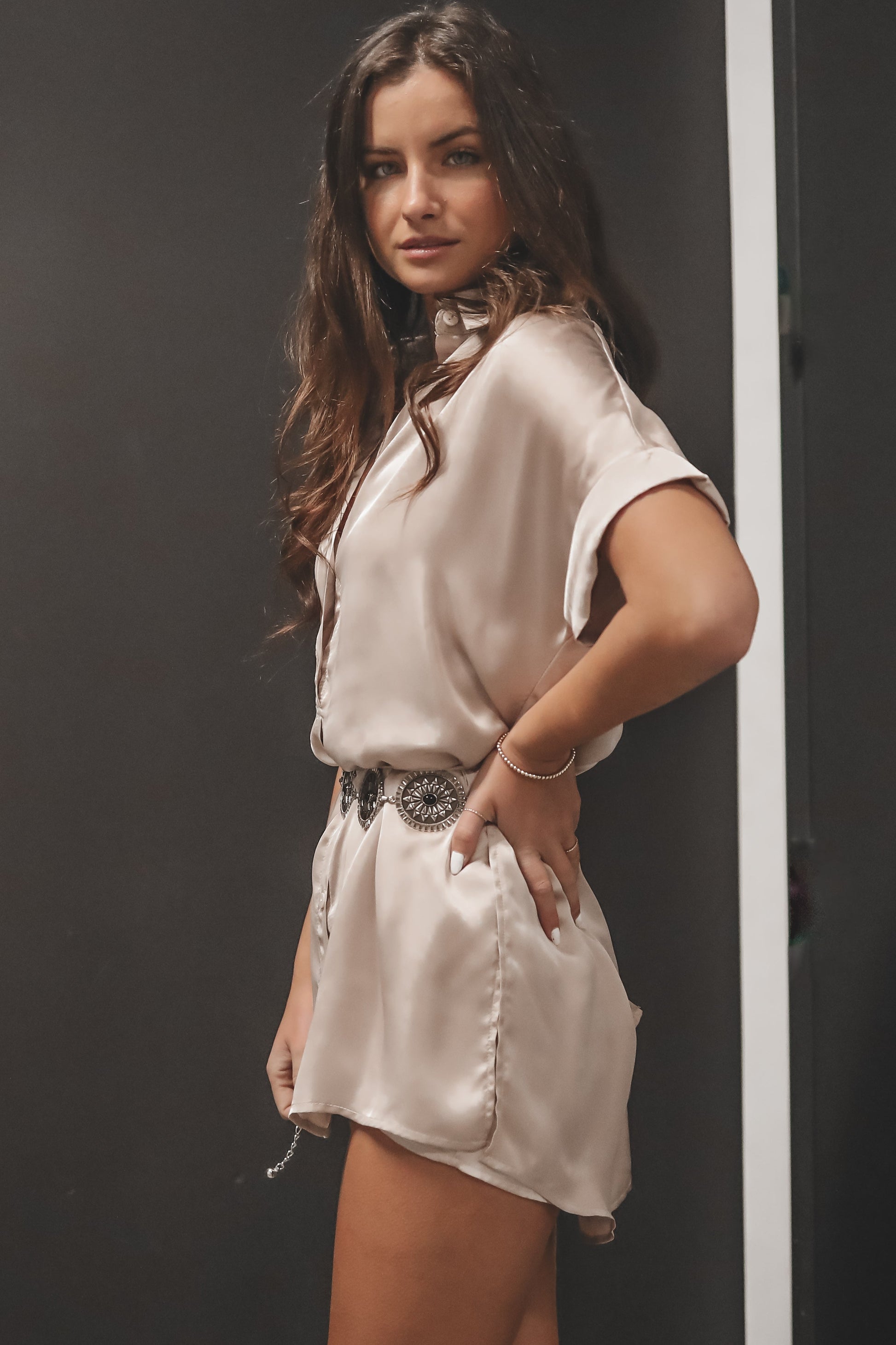 The Beverly Satin Short Sleeve Romper Dress