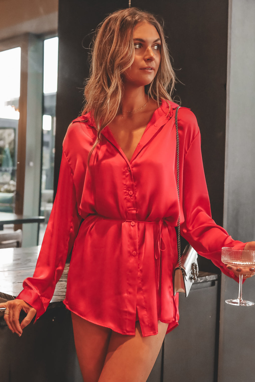 Giving Beverly Hills Satin Button Up Romper Dress
