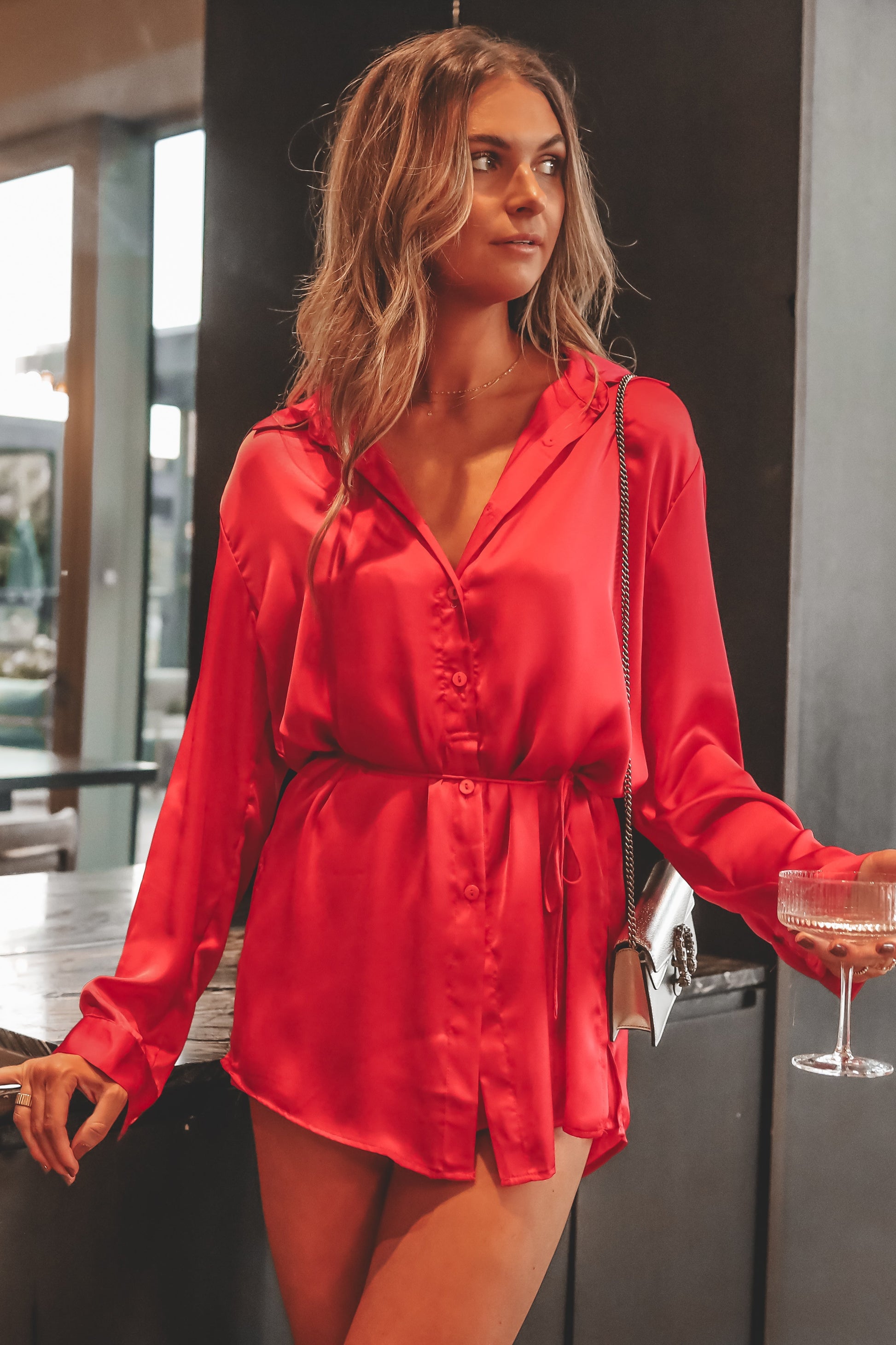 Giving Beverly Hills Satin Button Up Romper Dress