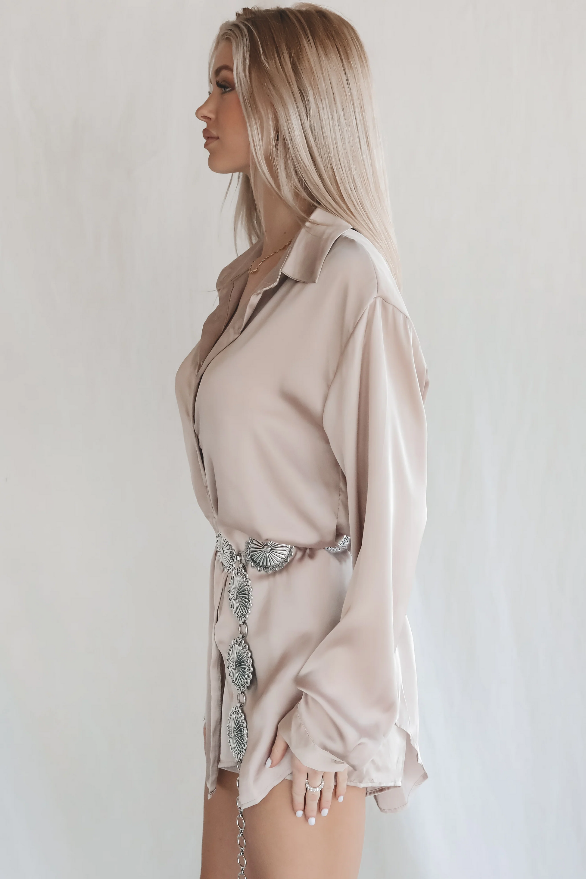 Giving Beverly Hills Satin Button Up Romper Dress