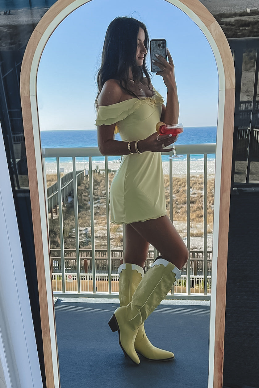 So On Trend Light Yellow Off The Shoulder Ruffle Dress